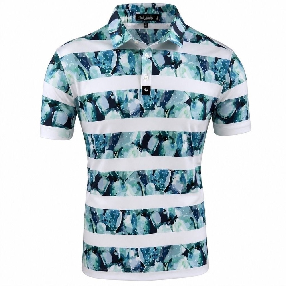 Bad Birdie Mens XL  Teal Blue Cactus Striped Performance Golf Polo (Y14)